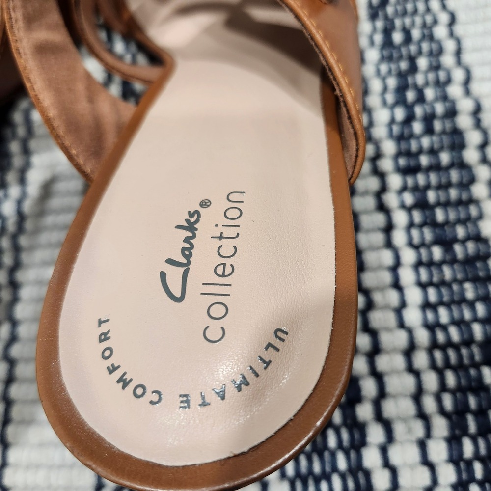 Clarks Collection Tan Leather Multi Strap Block Heel Slide Sandals Women 8.5 M - Picture 10 of 13